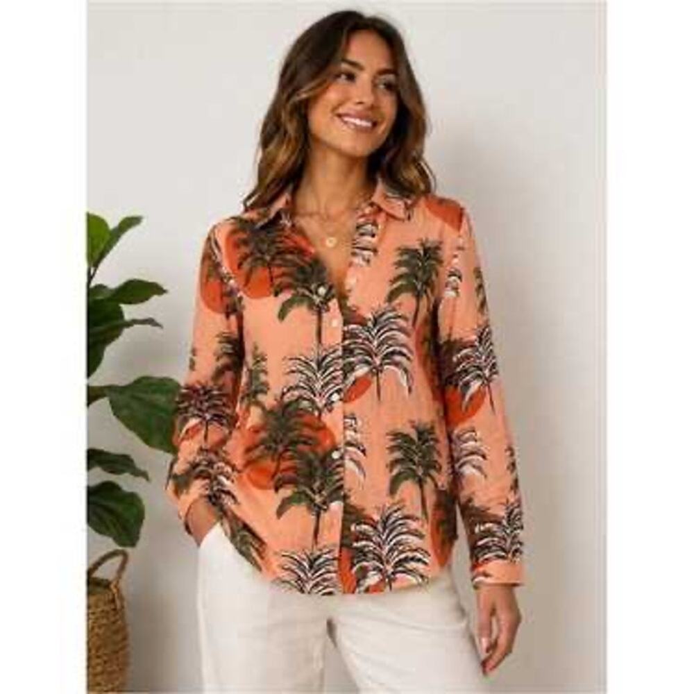 Nicole Miller 100% Linen Tropical Palm Print Shirt L NWOT Tropical Resort Vacay
